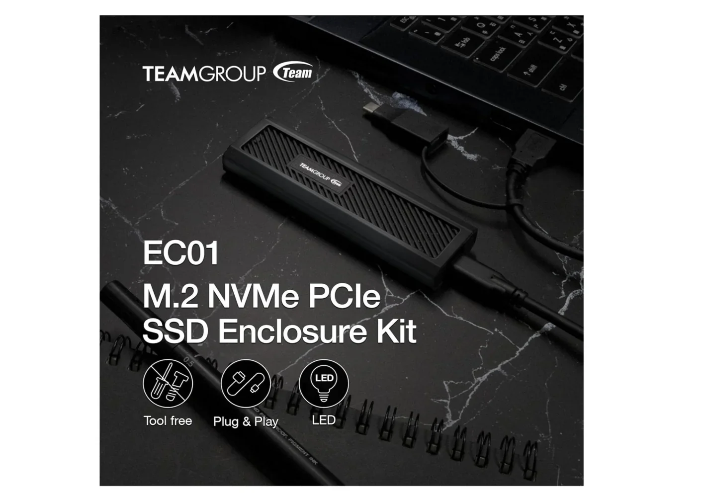 TEAMGROUP EC01 M.2 NVMe PCIe SSD Tool-Free USB 3.2 Gen2 Type-C Enclosure - Image 3