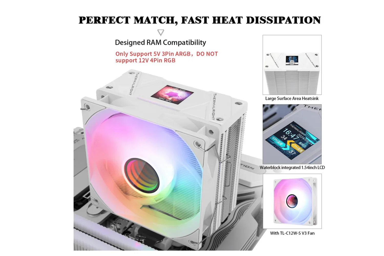 Thermalright Assassin Spirit 120 Vision ARGB White CPU Cooler - 1.5" 240p LCD Display - Image 6